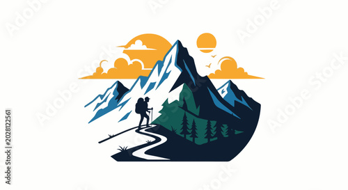 A hiker with a backpack ascends a winding path towards majestic, snow-capped mountains under a vibrant sunset