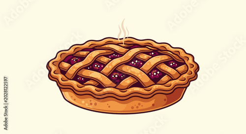 A pixel art illustration of a lattice-top blueberry pie emitting steam