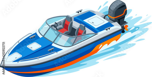 Fast motorboat cruising on water with engine splash