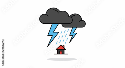 A house shelters under dark, stormy clouds with lightning and rain