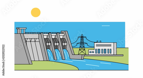 A hydroelectric dam with water flowing from spillways into a river, power lines, and a sun