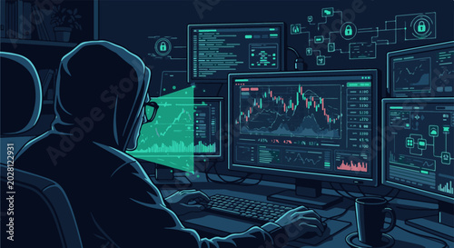 A hooded figure at a desk with multiple monitors displaying stock charts, code, and data