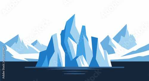 A jagged ice formation rises from dark, calm water against a stark white sky