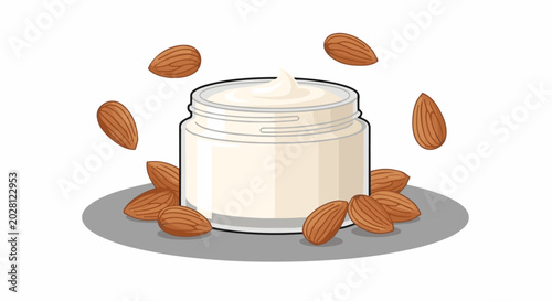 A jar of creamy lotion is surrounded by floating and scattered almonds, suggesting natural ingredients