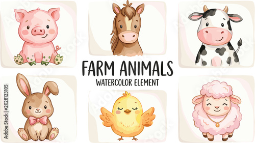 Tableau sur toile Cute Watercolor Farm Animal Collection Vector Illustration with Pig Horse Cow Bu
