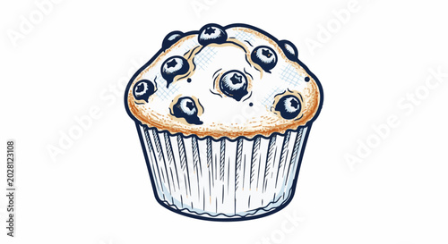 A hand-drawn blueberry muffin with a textured top and fluted paper liner