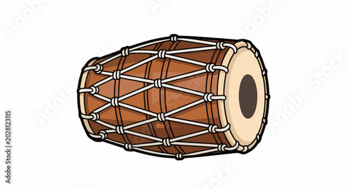 A hand-drawn, brown, barrel-shaped drum with white rope lacing and a dark center