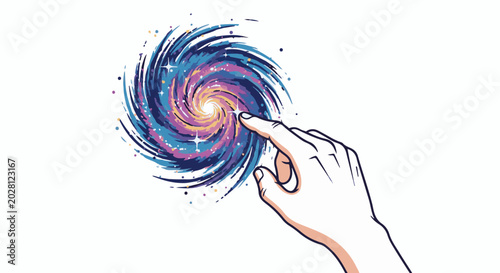 A hand's finger touches a colorful swirling galaxy, sparking light
