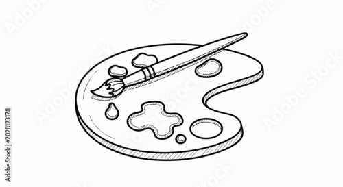 A hand-drawn illustration of an artist's palette with a paintbrush and blobs of paint