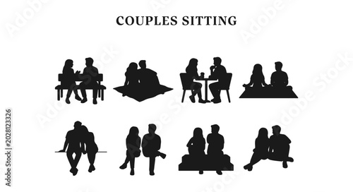 Quadro su tela Architectural Scale Figures Vector Pack of Couples Sitting in Silhouette, Black