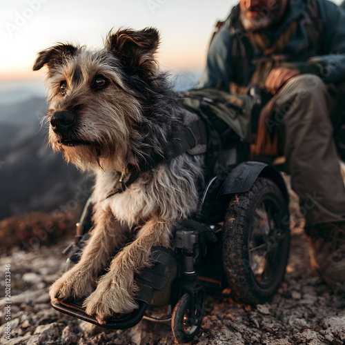 Dog in wheelchair enjoys outdoor adventure with owner on mountain trail during sunset
