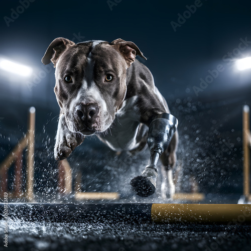 Dog with a prosthetic leg runs over an obstacle during an agility training session at a sports arena under bright lights