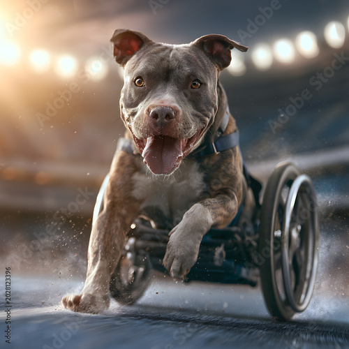 Pit bull runs on a racetrack while using a wheelchair during a sunny day with fans watching