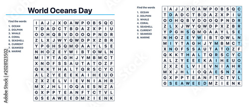 Word search puzzle for World Oceans Day with highlighted words  