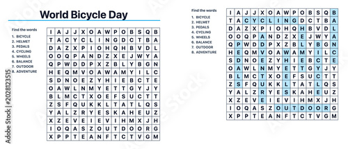 Word search puzzle celebrating World Bicycle Day with clues  