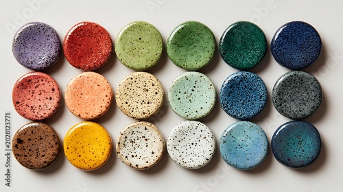 Colorful round ceramic plates with different textures and patterns