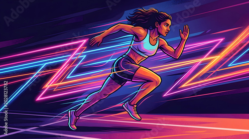 a woman running through a neon tunnel