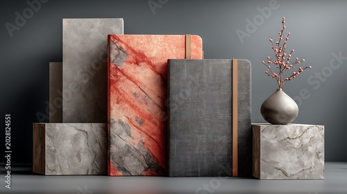 Stack of books with a vase of flowers on a dark background