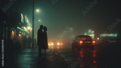 Couple embracing on a foggy street at night with city lights and cars