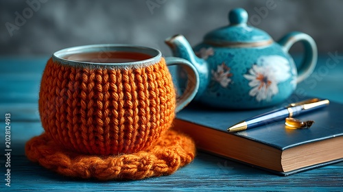 Cozy knitted cup cozy on a mug with a teapot, book, and pens on a dark table