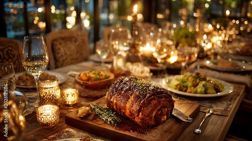 Festive dinner table with candles and holiday decorations in a cozy setting