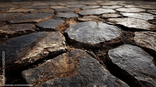 Dry cracked earth with patches of ice and autumn leaves