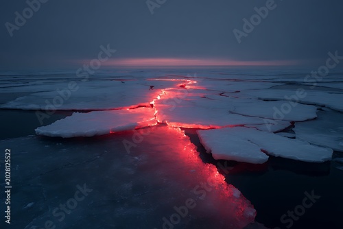 Sunset over icy landscape with glowing cracks in the ice