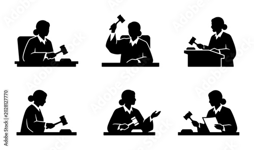 Schilderij op canvas Judge Silhouette Icons with Gavel