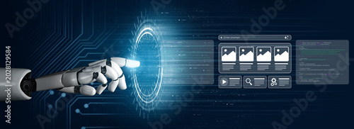 Photography A robotic hand extends towards a glowing digital interface, illustrating the convergence of technology and innovation in a cybernetic world, capturing a moment of interaction