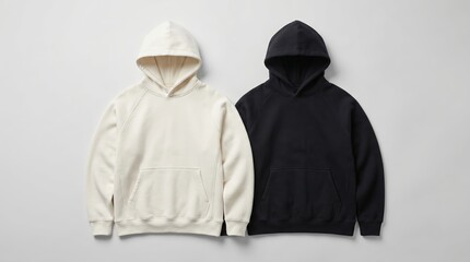 Pair of blank oversized sweatshirts in ivory and charcoal colors on a flat surface. Streetwear template for apparel branding and clothing design mockups.