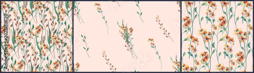 Seamless floral pattern, watercolor ditsy print of gentle minimal wild plants. Delicate botanical design set of hand drawn small flowers, tiny leaves, thin branches abstractly. Vector illustration.