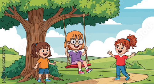Cuadro en lienzo Happy children playing, kids outdoor fun, playground friends, cartoon illustrati