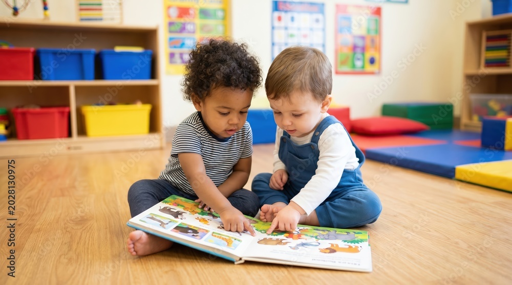 Fototapeta premium Two diverse toddlers reading a picture book in a bright classroom, early childhood education and friendship concept, preschool children learning.