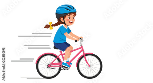 Vector girl riding pink bicycle, motion blur, cartoon kid cycling fast, active child on bike