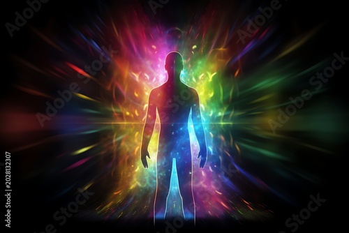 Human silhouette with glowing aura and spiritual energy visualization