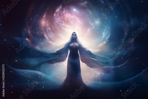 Mystical cosmic goddess surrounded by nebula and glowing light