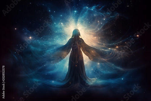 Mystical cosmic goddess surrounded by nebula and glowing light