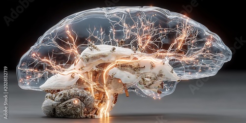 Human brain cross section with glowing neural network connections