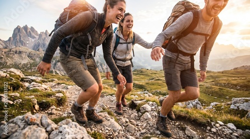 Three hikers ascend a rocky mountain trail at sunset, laughing and enjoying the view.