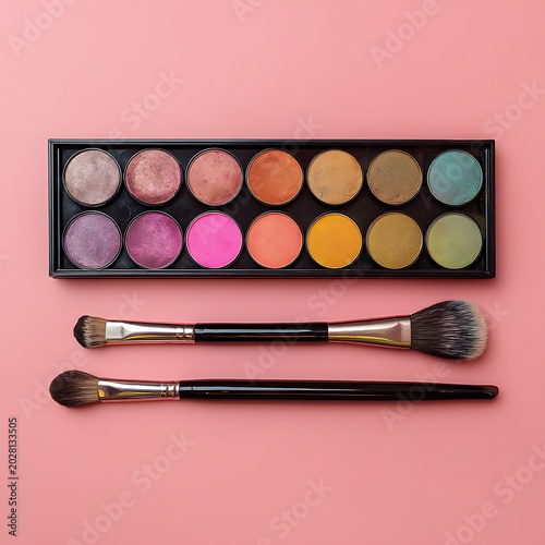 Beauty makeup palette and cosmetic brushes on pink backdrop
