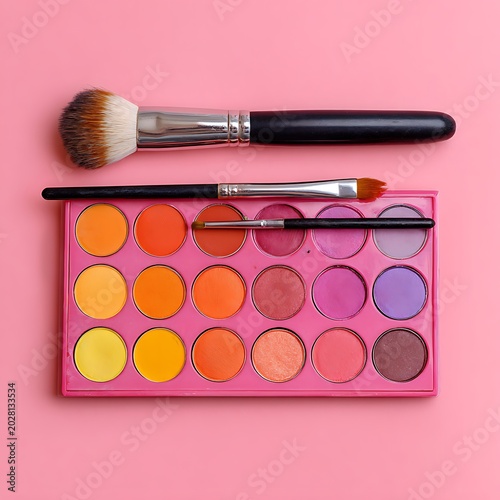Beauty makeup palette and cosmetic brushes on pink backdrop
