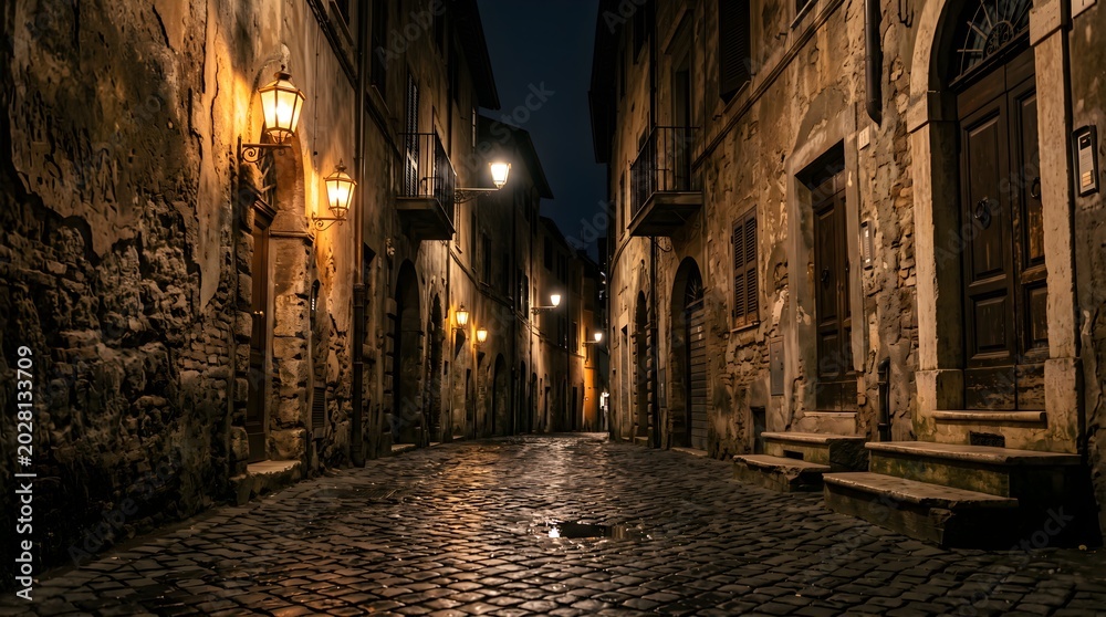 Obraz premium Ancient Roman Alleyway at Night with Lantern Light and Historic European Atmosphere