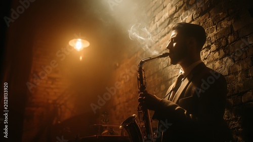 Saxophone musician performing solo in midnight jazz club atmosphere