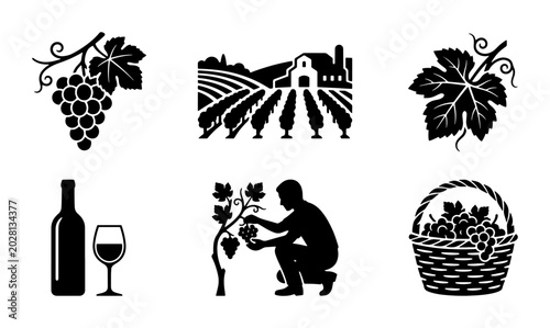 Tableau sur toile Vineyard Icons: Grapes, Wine, Farming, Harvest
