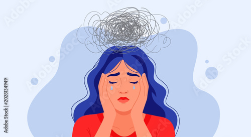 Schilderij op canvas Sad woman, stressed face, crying, blue hair, red shirt, emotional expression, ve