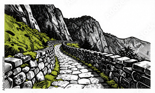 mountain trail covered green moss winds ancient stone walls rugged rock formations