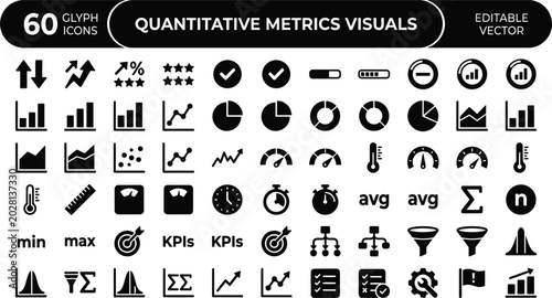 Quantitative Metrics Visuals Glyph Icons Set for KPI Analytics, Statistical Charts, Performance Indicators, and Dashboard Interface Design