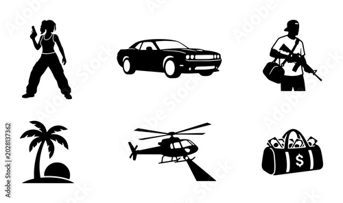 Cuadro en lienzo Action Icons: Crime, Adventure, and Getaway Elements