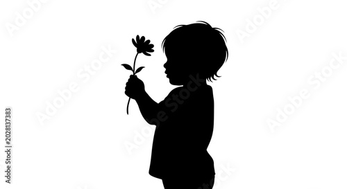 Silhouette of a small child holding a single flower.