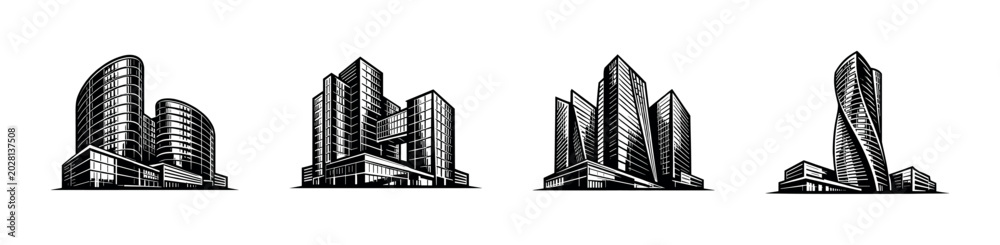 Fototapeta premium Collection of modern architectural building designs in black and white style
